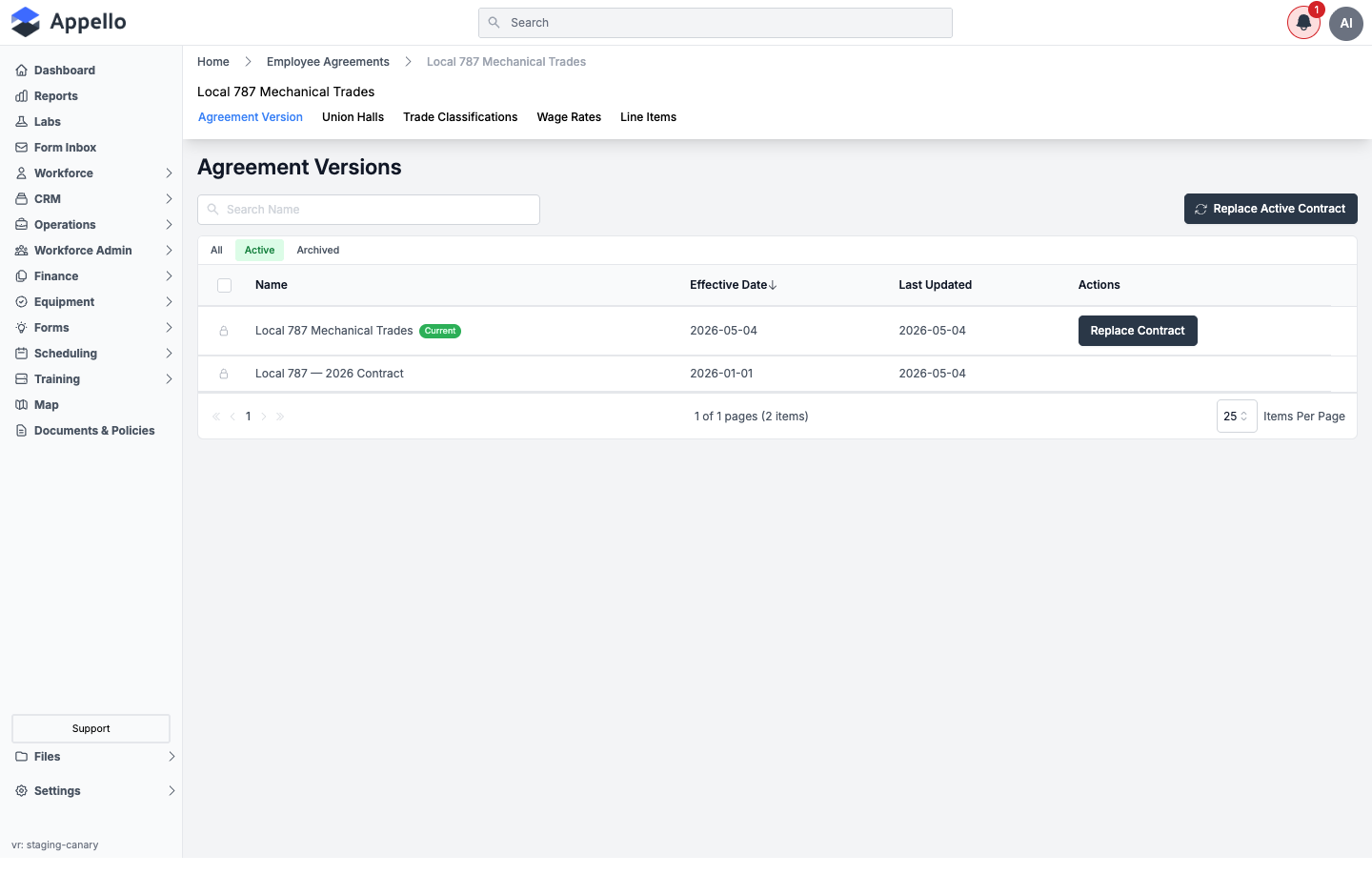 Agreement Versions tab showing a Current version and a historical version, with a Replace Contract action on the current row