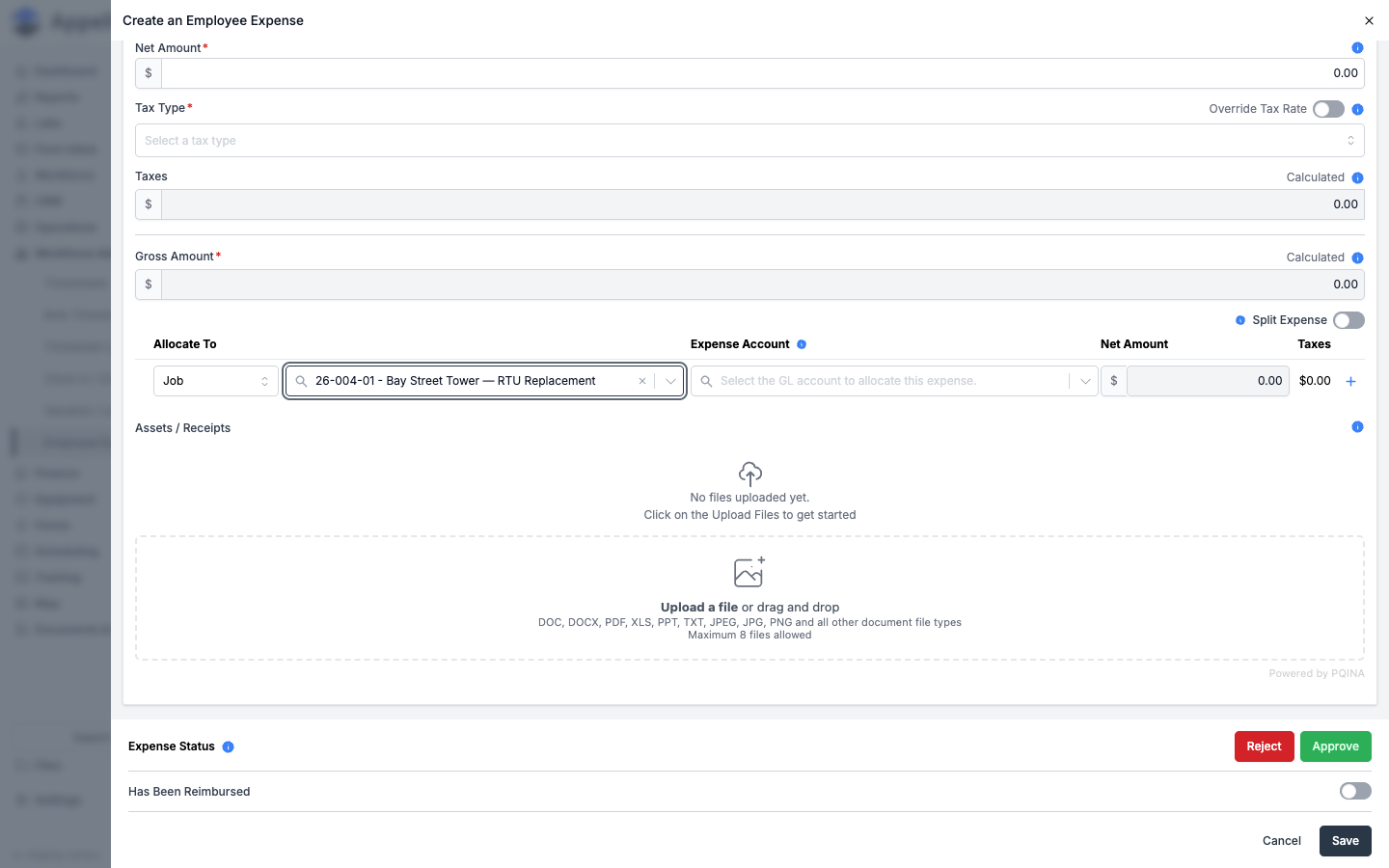 Create Employee Expense panel — Allocate To set to Job, a job selected, and the Expense Account field