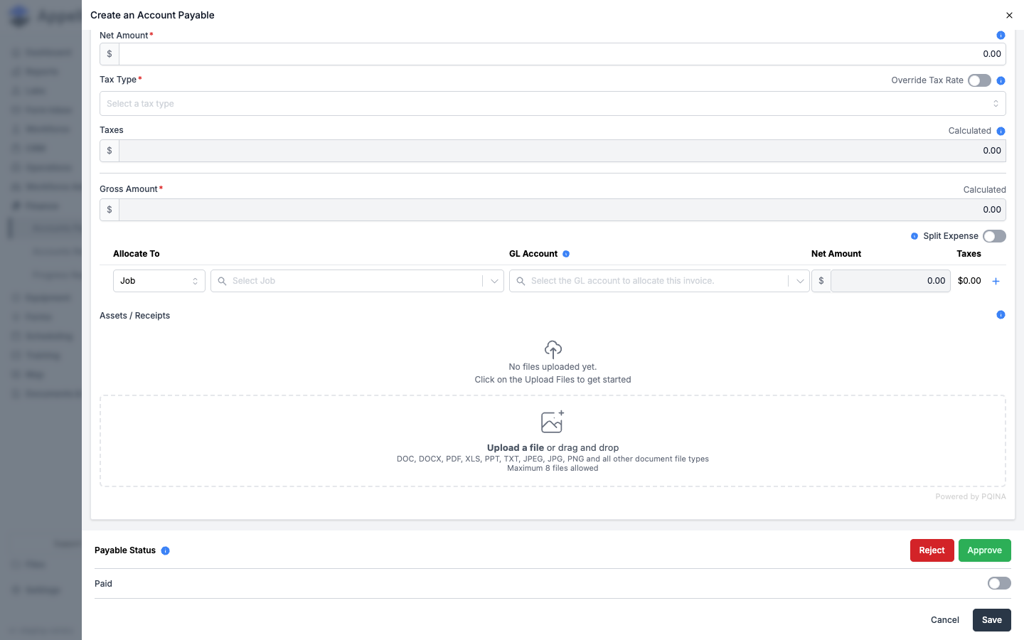 Account Payable form — Allocate To (Job), Select Job, GL Account, Net Amount, and Split Expense fields