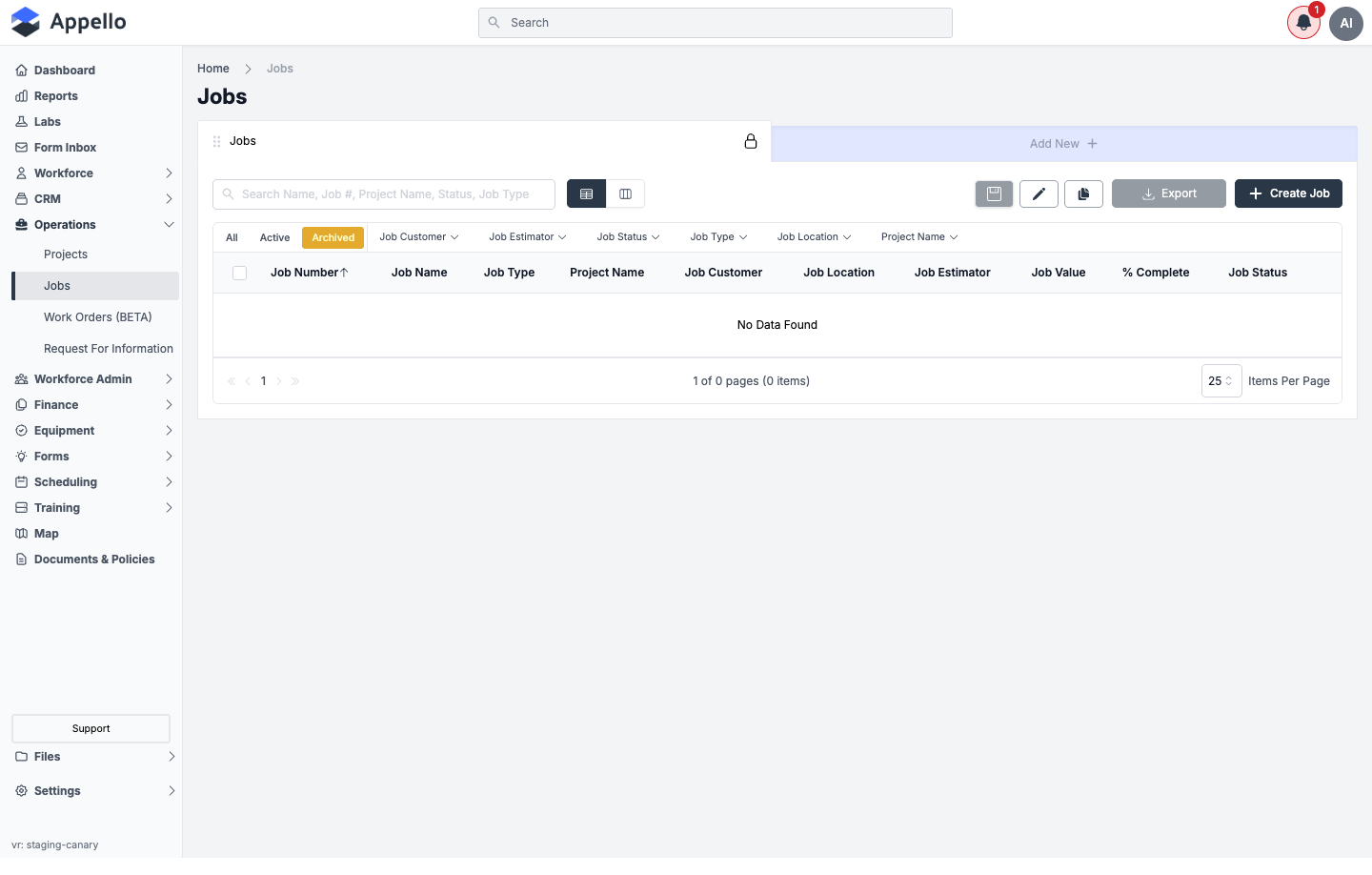 Jobs list on the Archived tab, shown empty on the demo instance, with every column visible