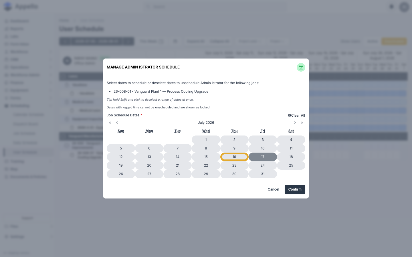 The Manage [Worker] Schedule dialog, opened by shift-clicking a job cell, showing the multi-date calendar picker with one day already selected