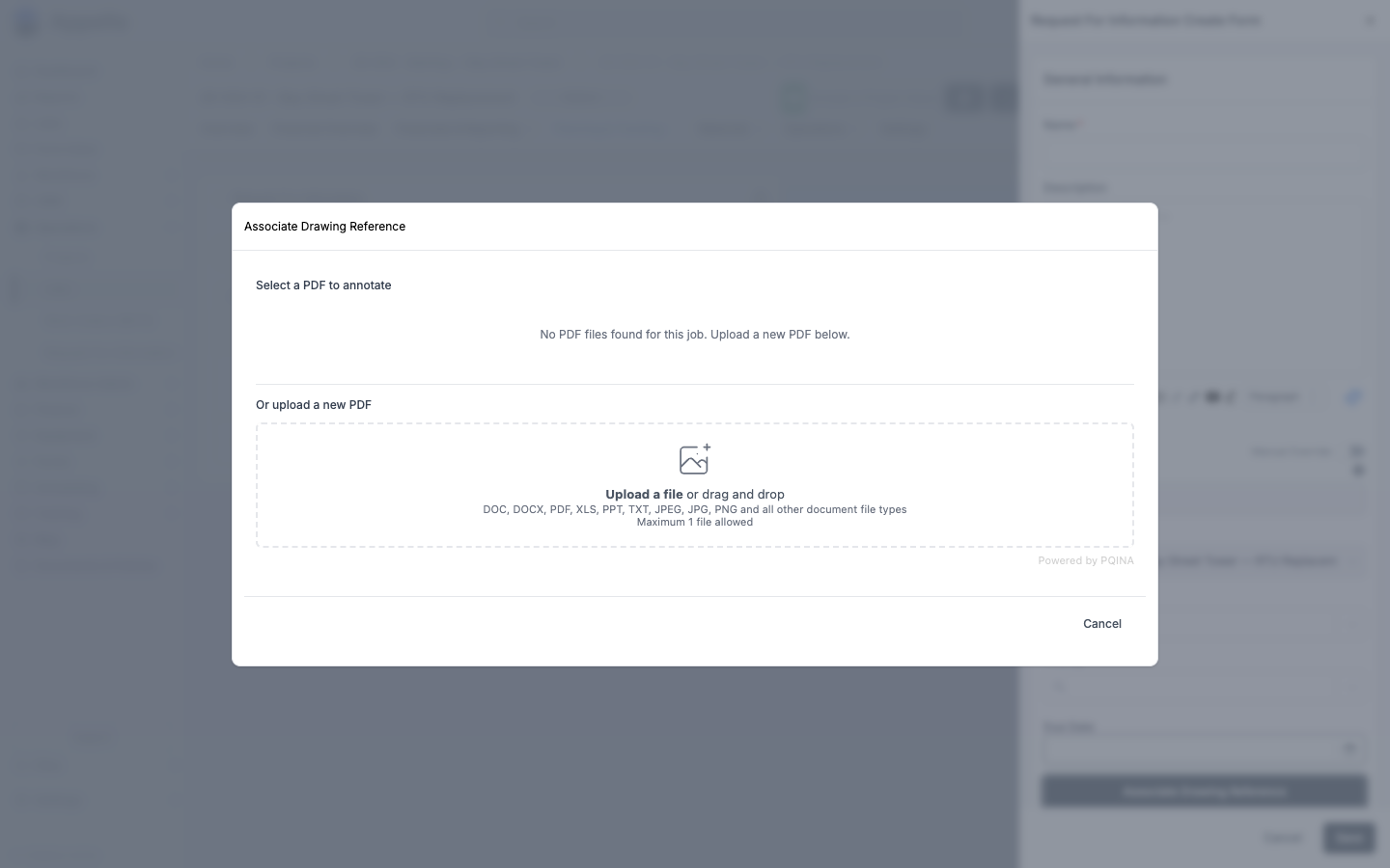 The "Associate Drawing Reference" panel, opened from the RFI create form. This job has no PDF files yet, so it offers to upload a new PDF instead of picking an existing one