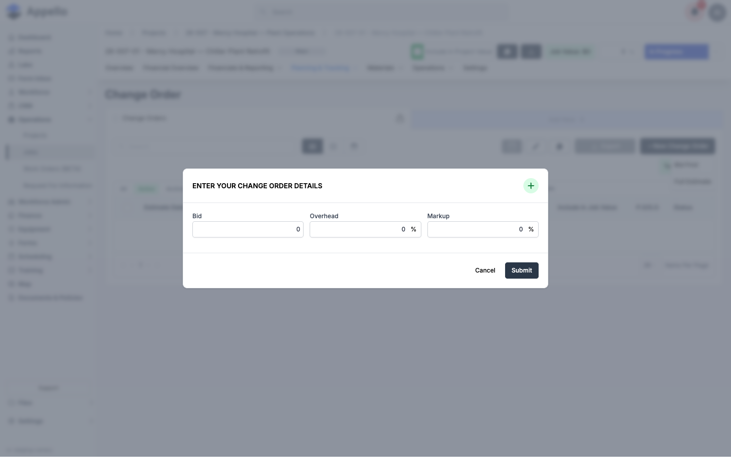 The Bid First quick-entry modal with Bid, Overhead, and Markup fields