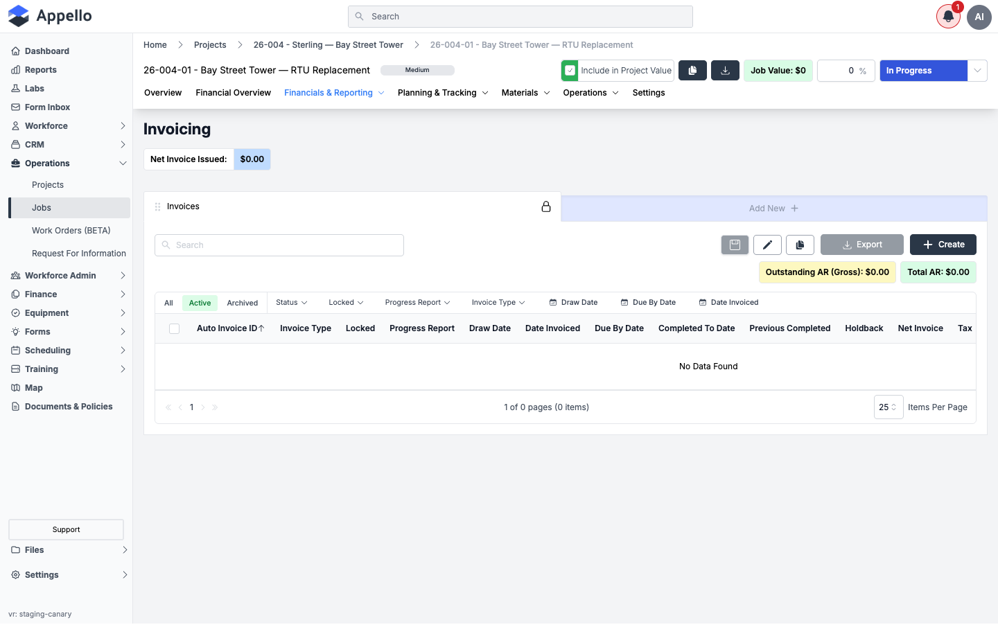 Invoicing tab on a job, showing the Invoices table columns and Create button