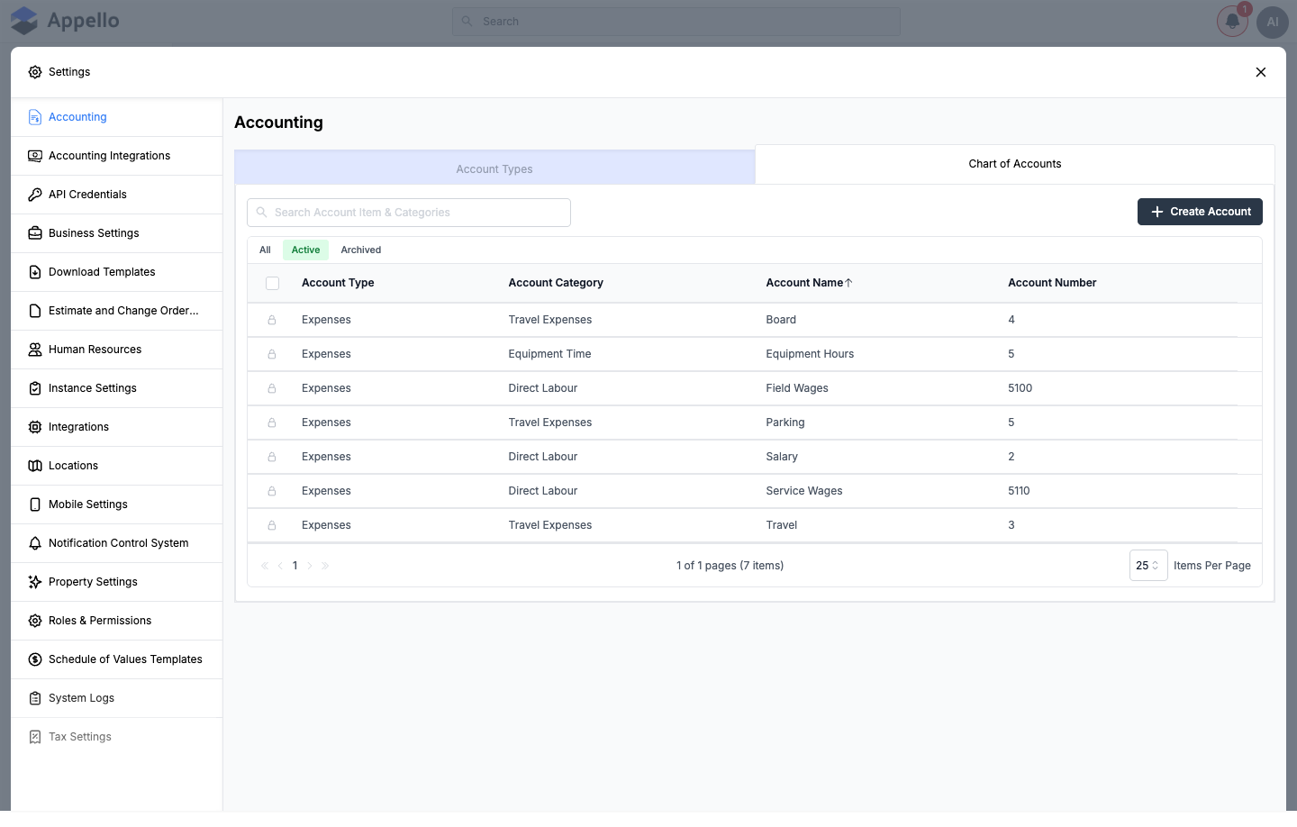 Chart of Accounts tab — accounts grouped by type, category, name, and number