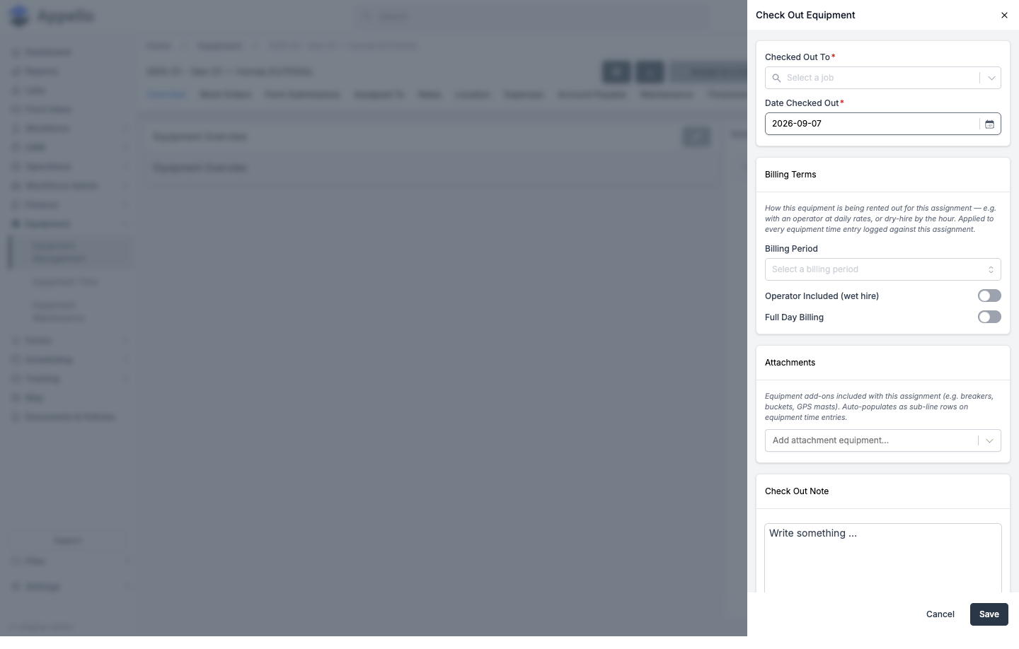 Check Out Equipment panel set to a job -- the same Billing Terms and Attachments sections apply