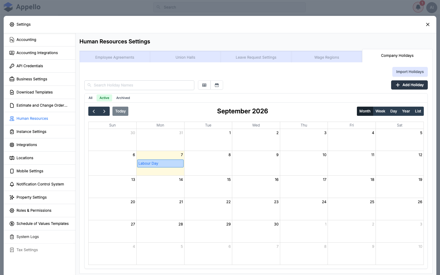 Company Holidays calendar view showing Labour Day on the calendar