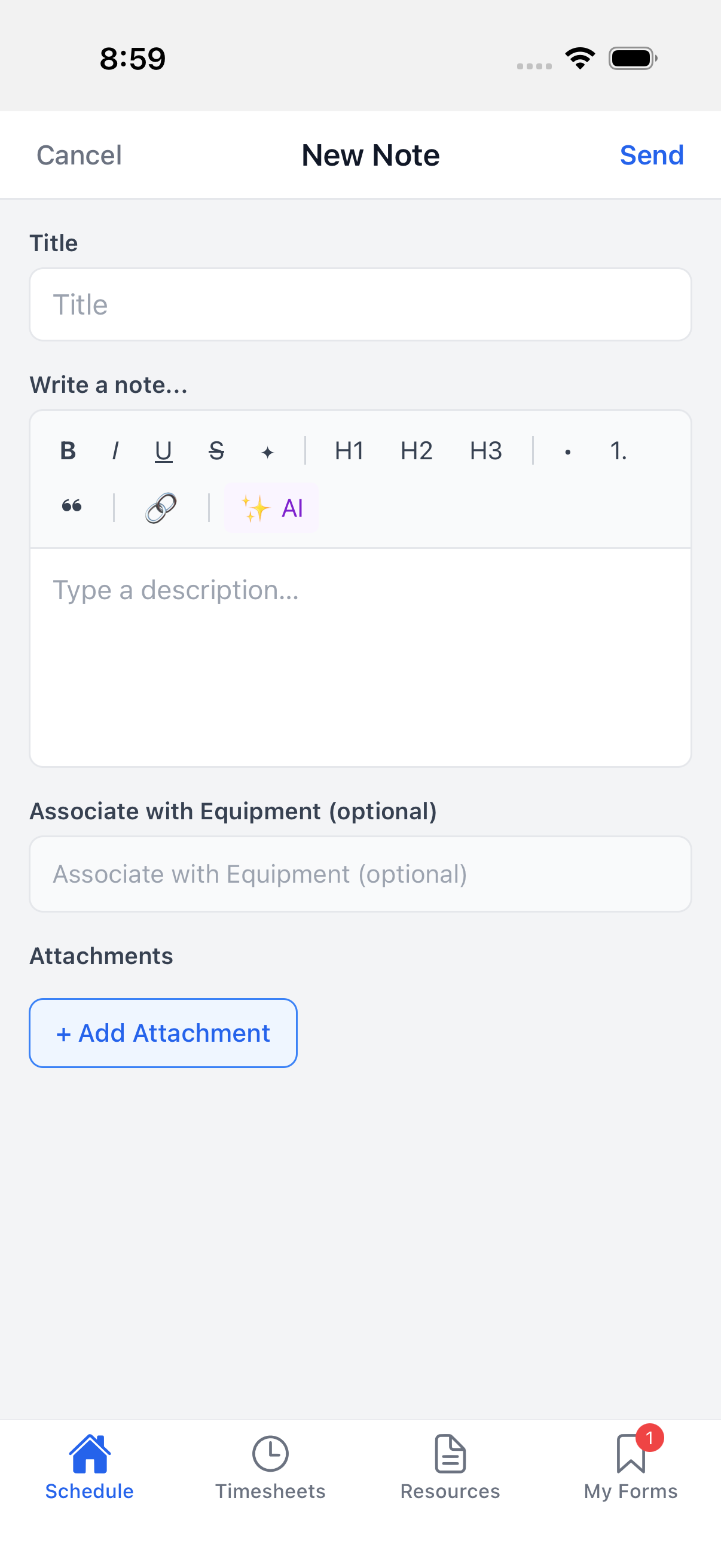 The empty New Note composer: Title field, rich-text body with a formatting toolbar including a Rewrite-with-AI control, an optional Associate with Equipment field, and Add Attachment