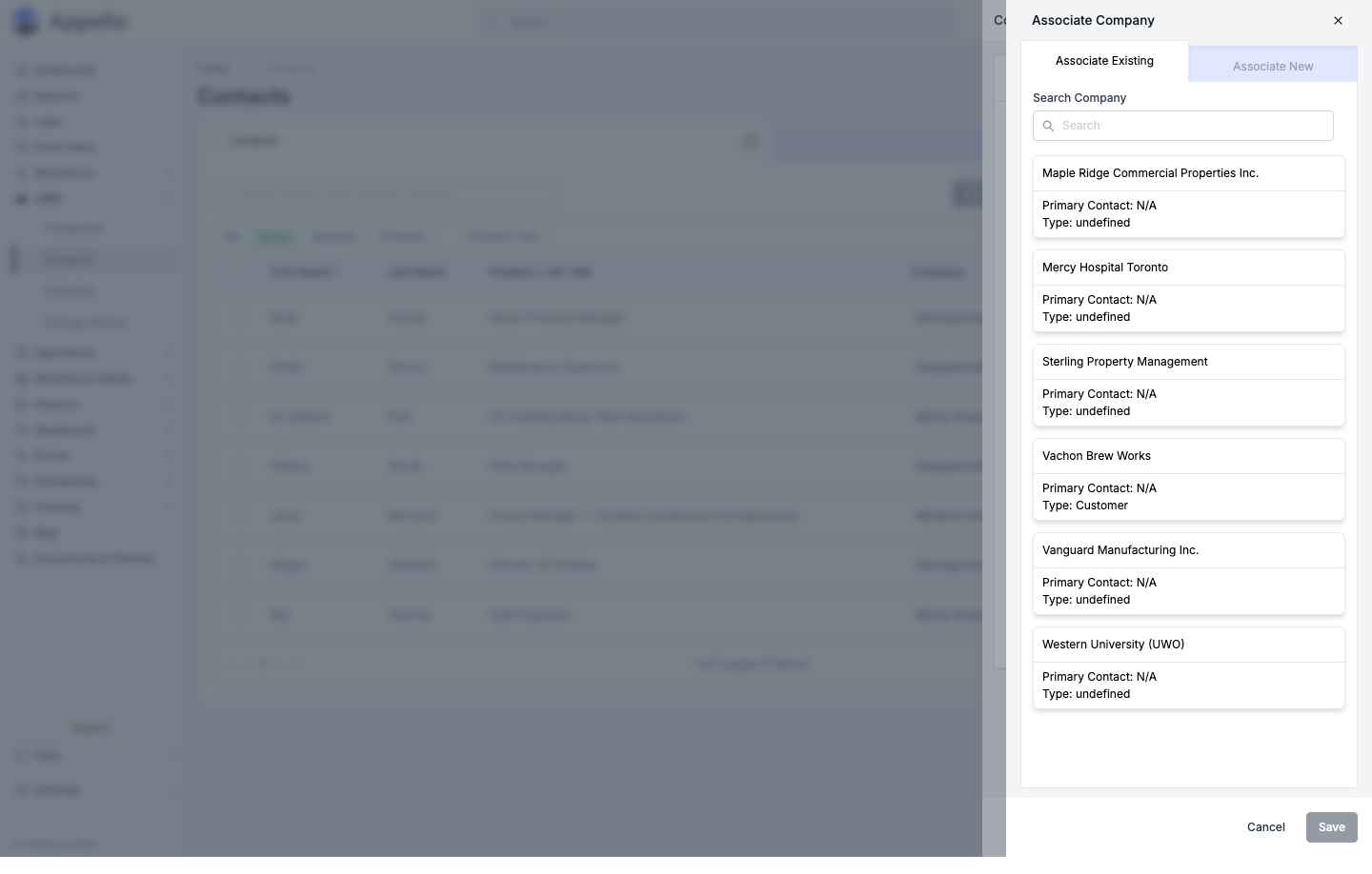 Associate Company panel opened from the contact form, with Associate Existing / Associate New tabs and a searchable list of companies showing Primary Contact and Type
