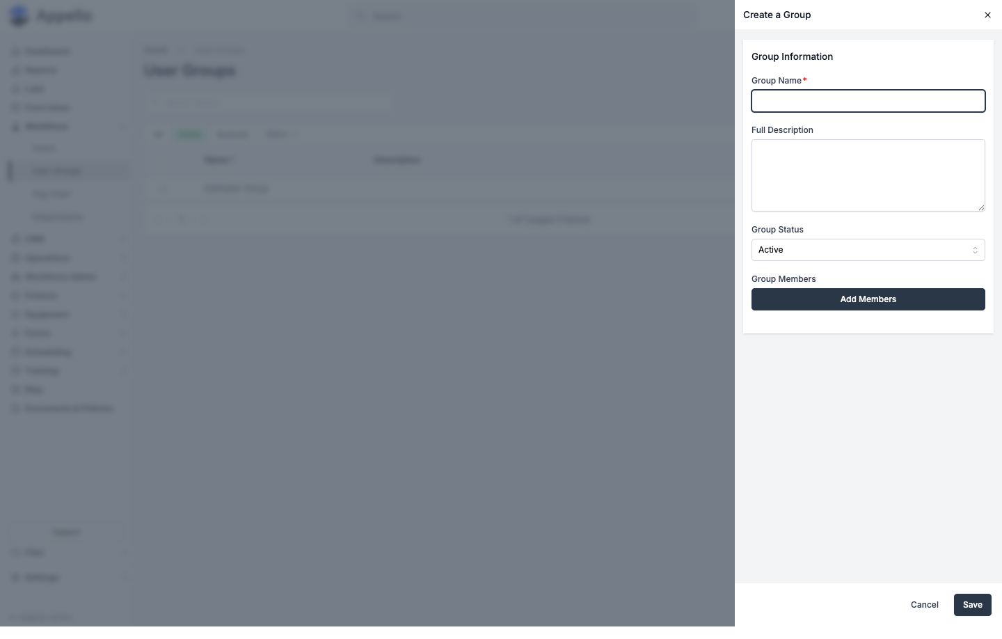 Create a Group flyout with Group Name, Full Description, Group Status, and Add Members