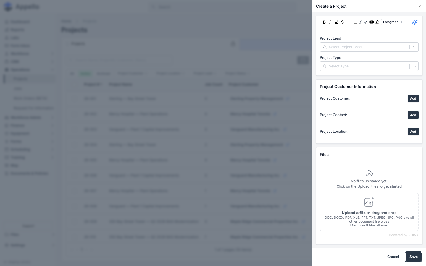 Create a Project panel scrolled to show Project Customer Information and the Files upload area