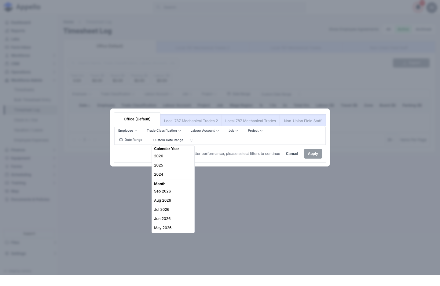 Date range quick-option list showing Calendar Year and Month presets — filter open