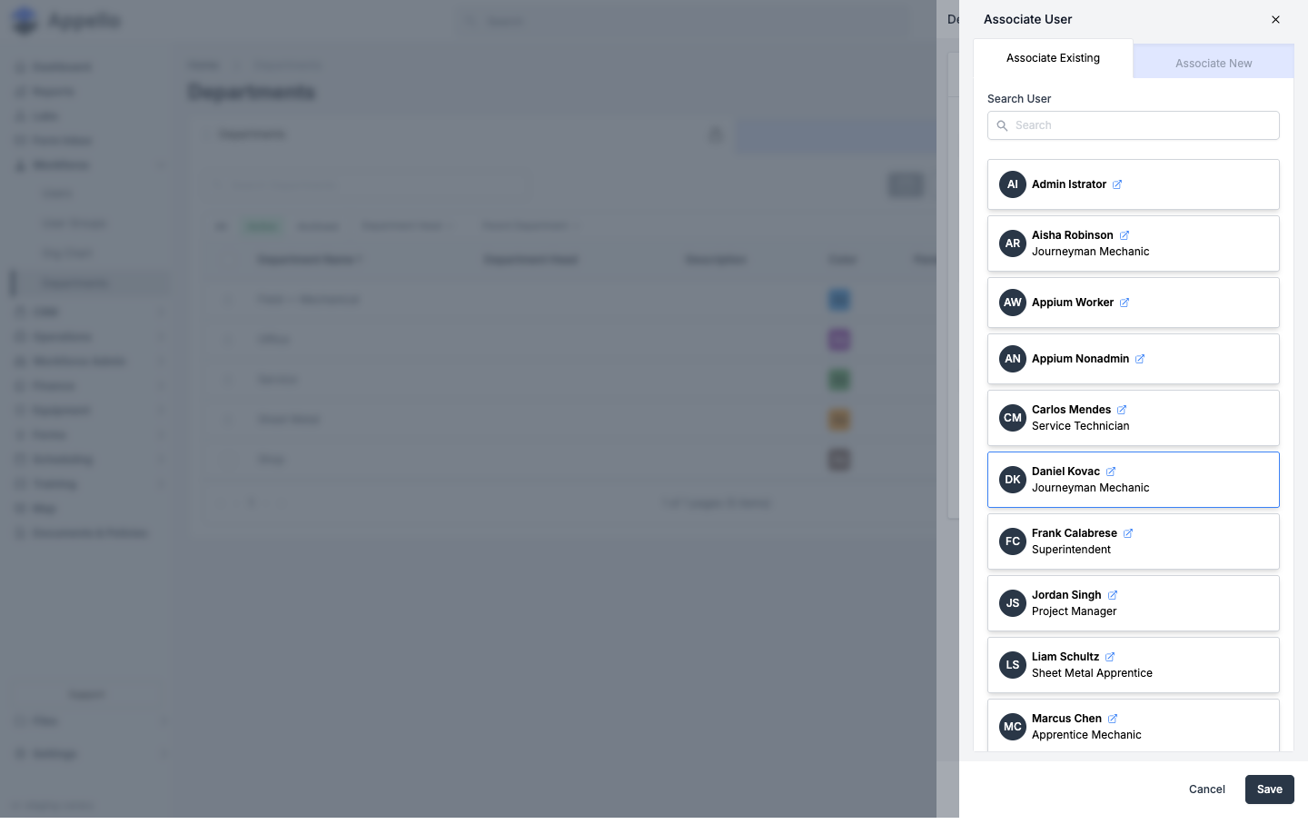 Associate User panel with Associate Existing and Associate New tabs and a searchable list of users