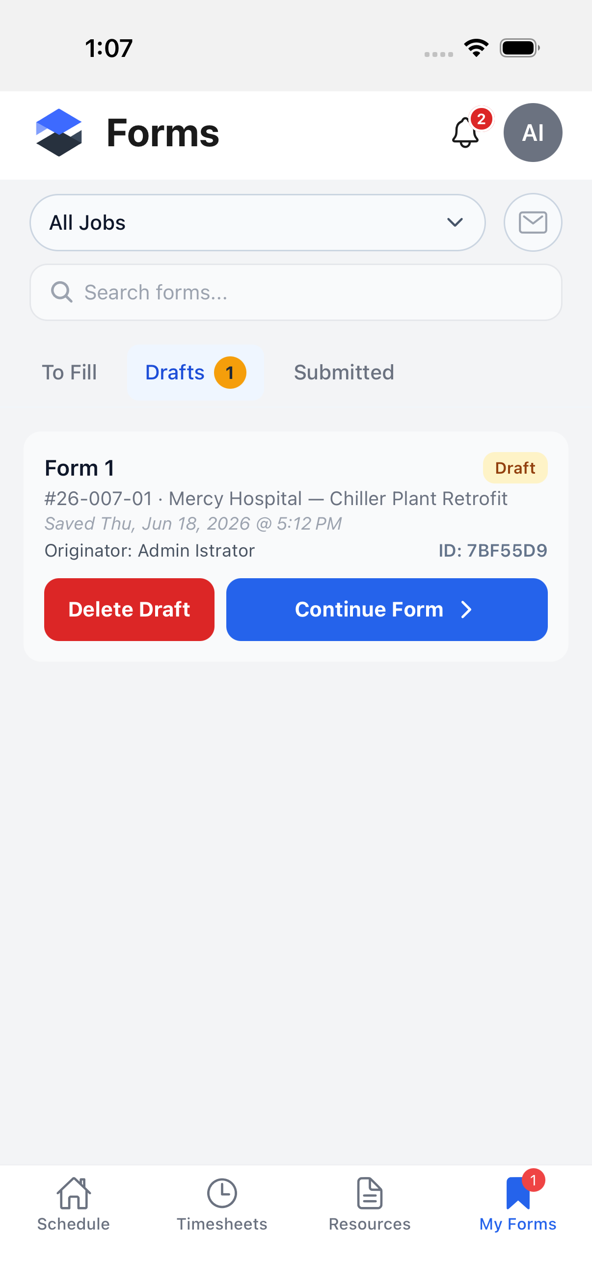 The My Forms Drafts sub-tab, showing one seeded draft card with Delete Draft and Continue Form buttons