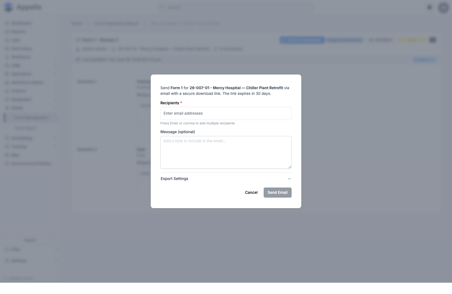 The email-submission dialog: Recipients field, optional Message textarea, a collapsed Export Settings section, and Cancel / Send Email buttons