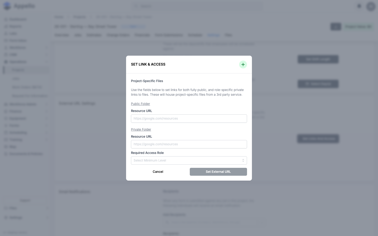 Set Link &amp; Access modal, opened from a project's External URL Settings card and canceled without saving