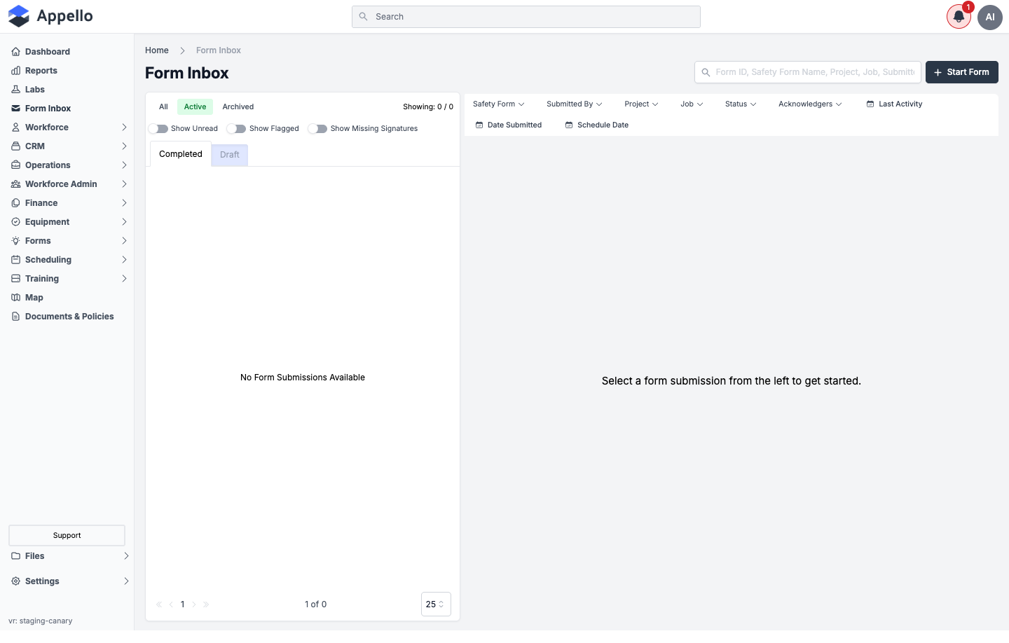 The filter bar, list toggles, and Active/Archived and Completed/Draft tabs, with no matching submissions on this demo instance