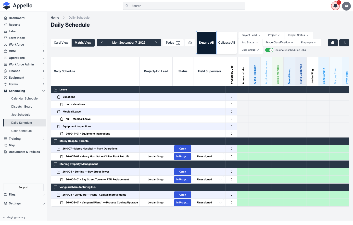 Matrix View with Include unscheduled jobs turned on, showing company, project, and job rows against worker columns