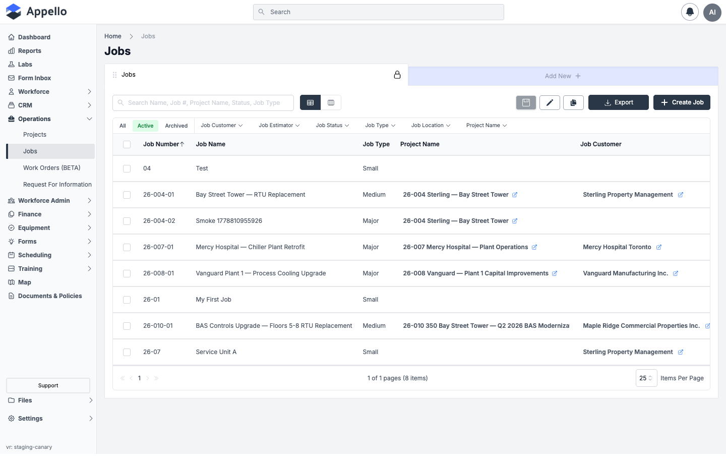 The Jobs list -- one of the list tables that supports inline cell editing (Job Type, Job Customer, and other columns can be configured as editable)