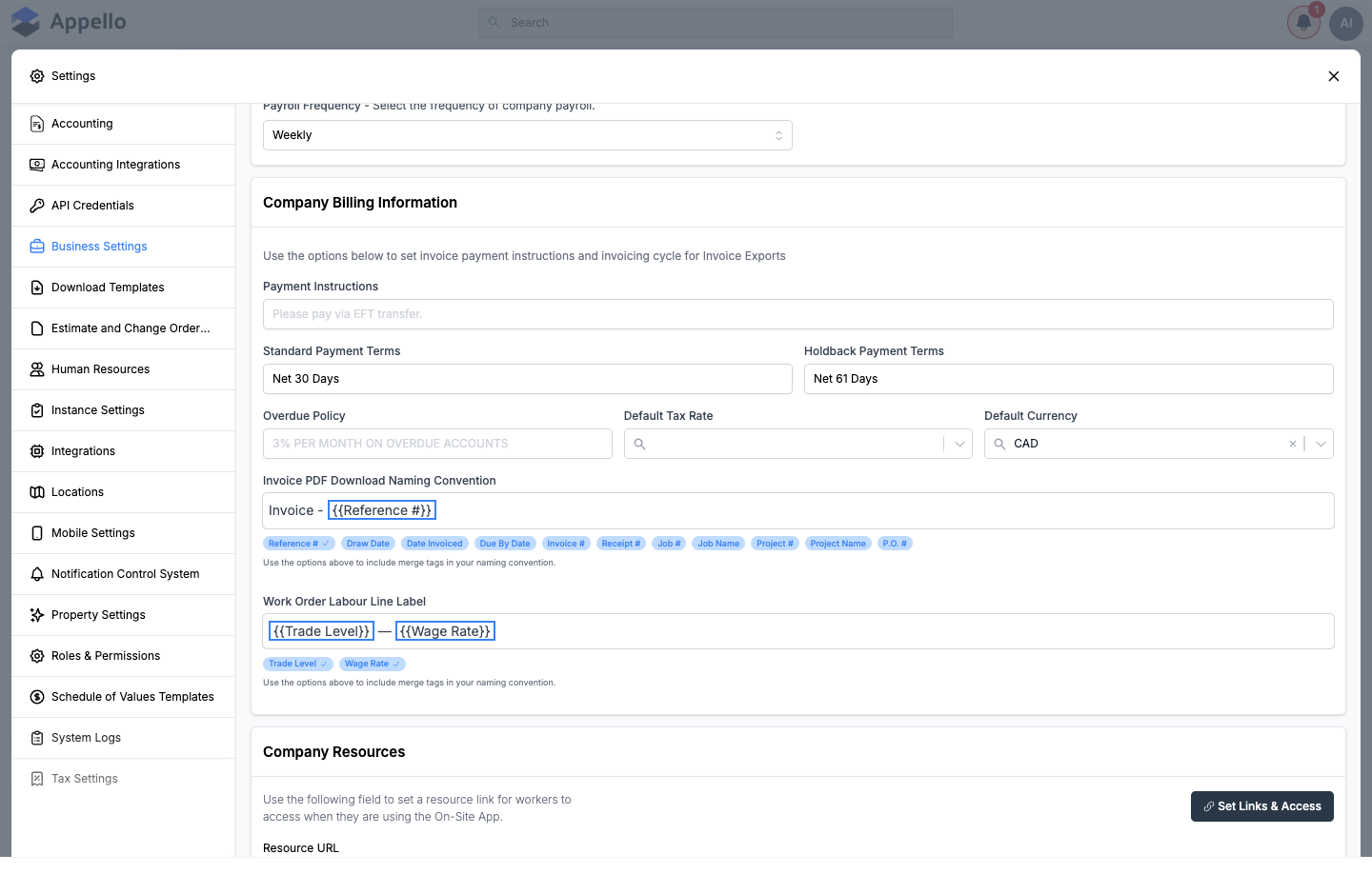 Company Billing Information section with Invoice PDF Download Naming Convention and its merge tags, and Work Order Labour Line Label