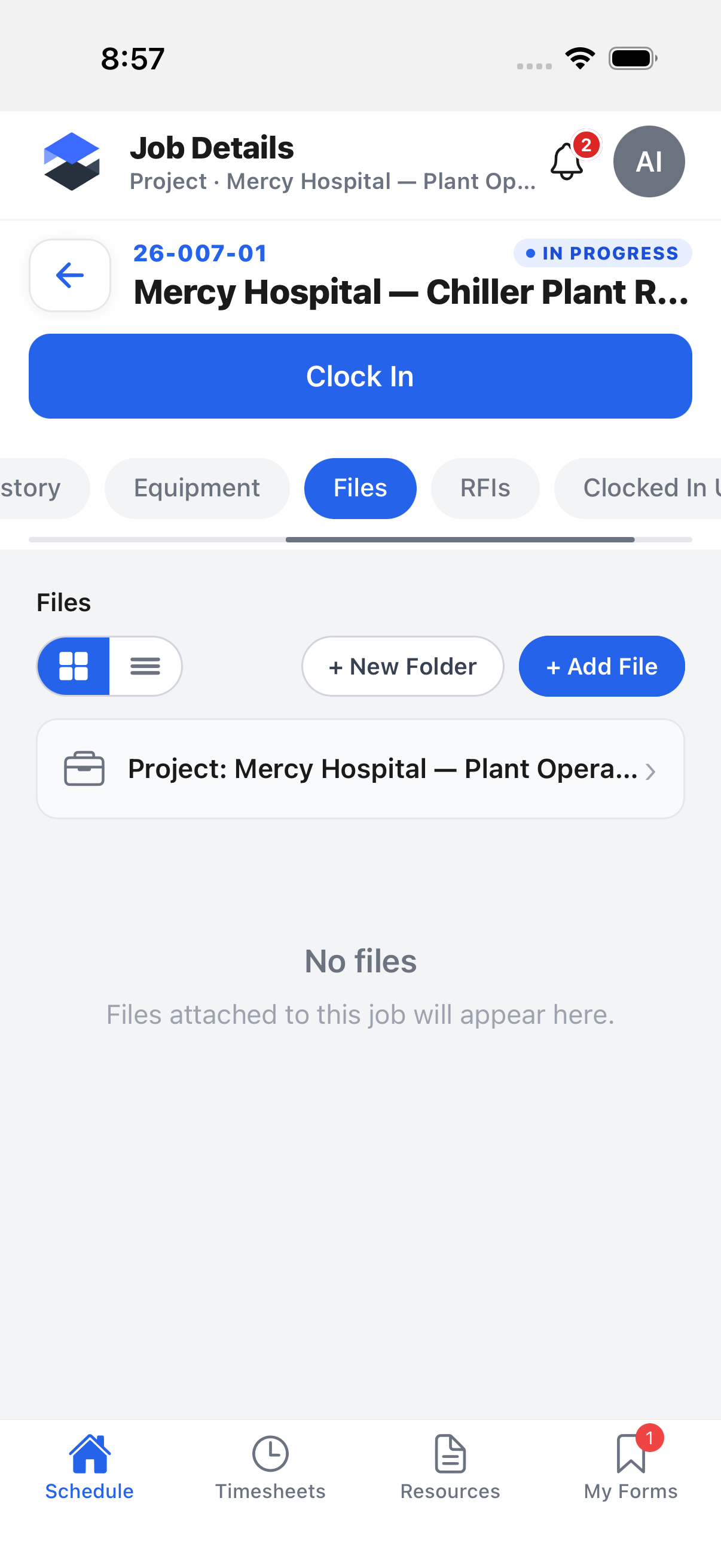 Job Files tab for a job, showing the parent project's folder link, New Folder and Add File buttons, and an empty file list