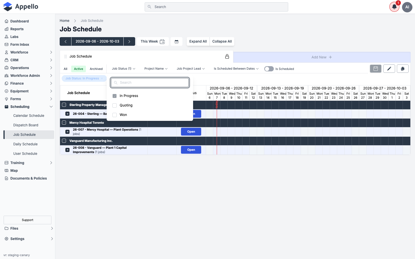 The Job Status filter, showing In Progress checked by default alongside Quoting and Won