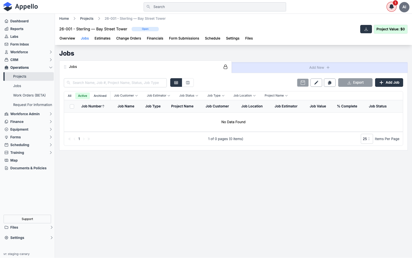 Project Jobs tab, shown empty on the demo instance