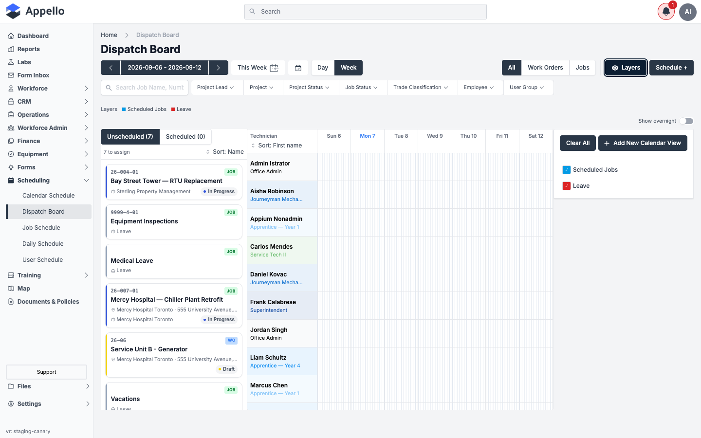 Layers panel open, showing the Scheduled Jobs and Leave layers with checkboxes and a colour swatch for each