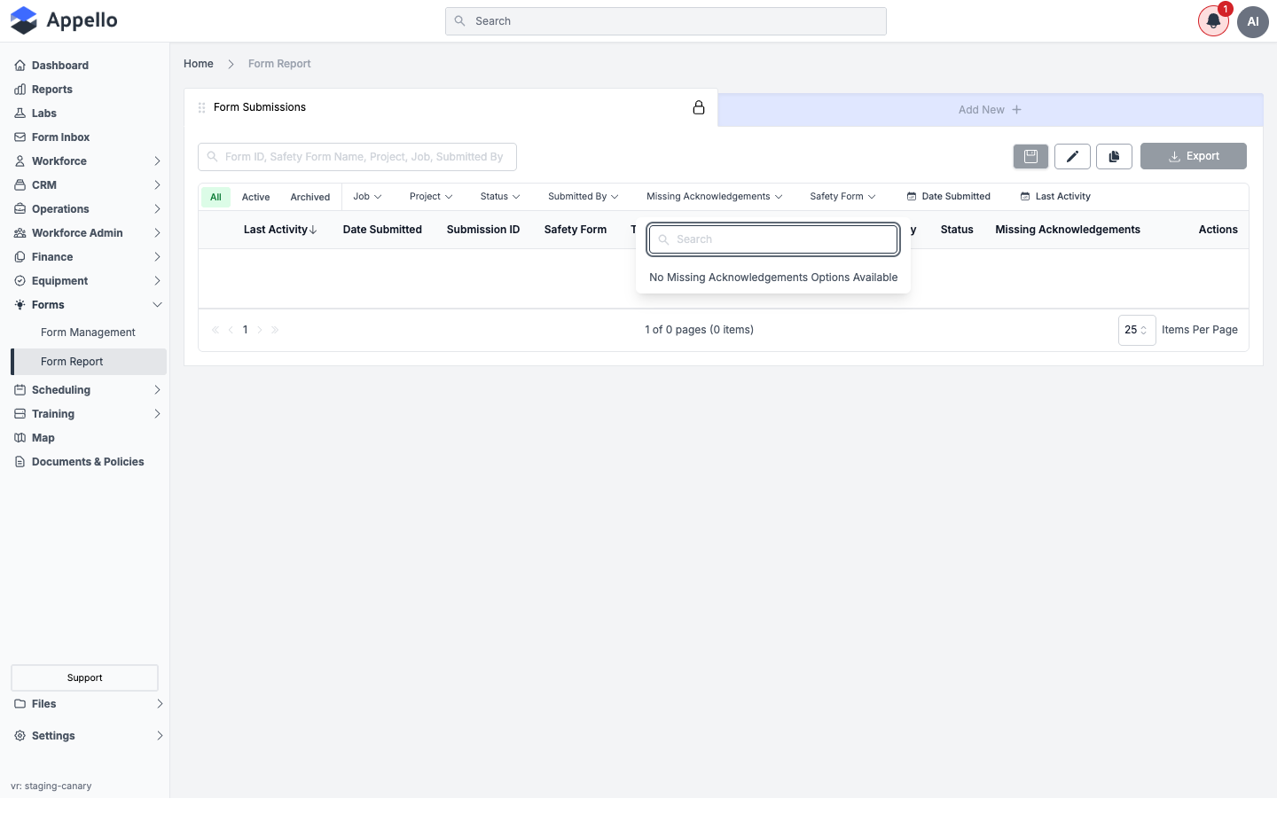 The Missing Acknowledgements filter dropdown open, showing a search box and an empty checkbox list