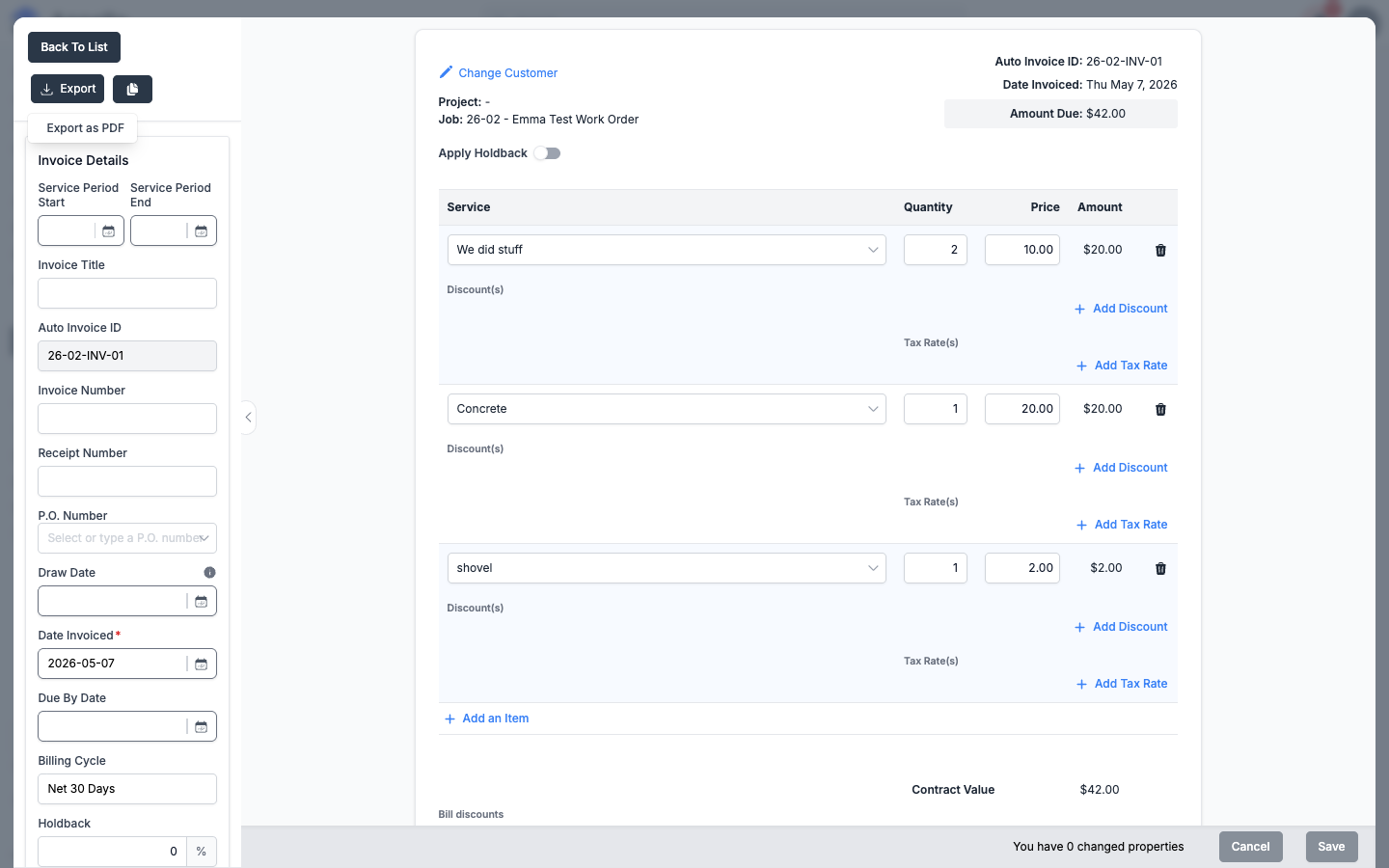 Invoice detail panel with the Export dropdown open, showing the Export as PDF option
