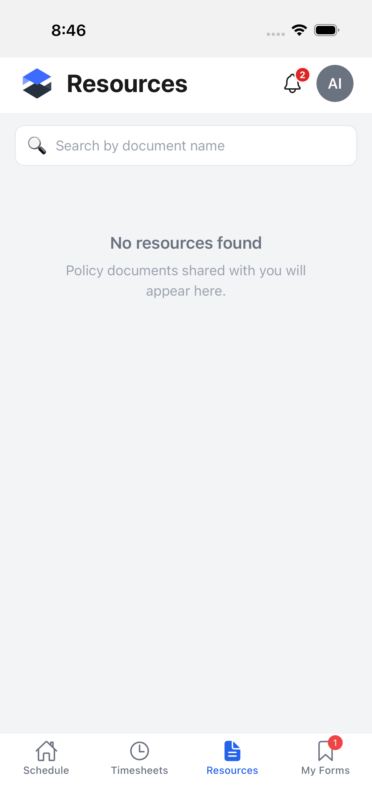 Resources tab showing the document search field and an empty state