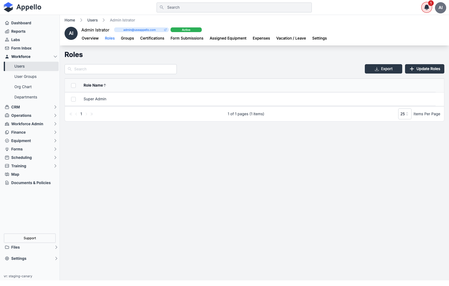 Roles tab listing the Super Admin role assigned to this user