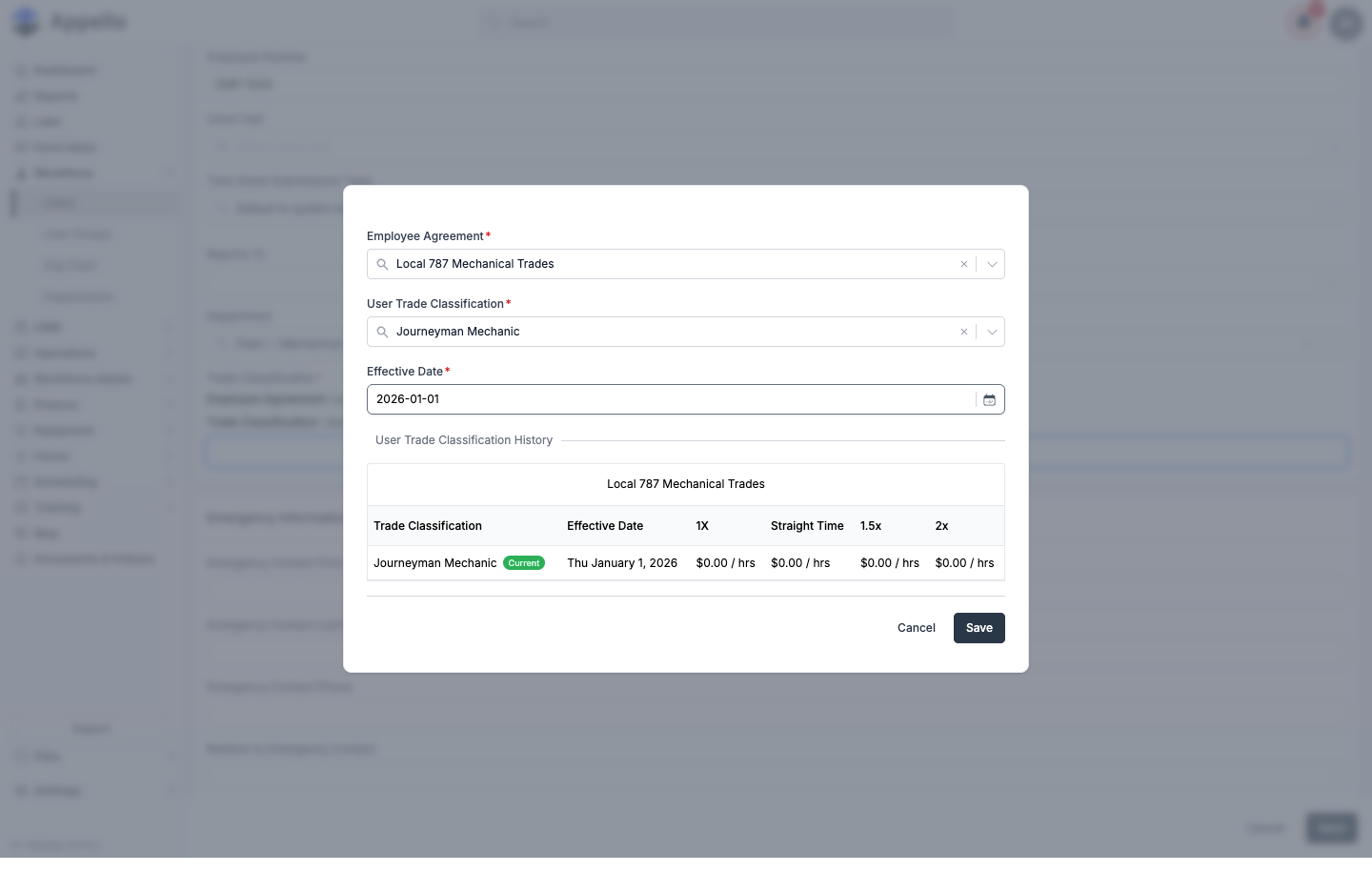 Update Trade Classification panel showing Employee Agreement, User Trade Classification, Effective Date, and a User Trade Classification History table with per-period wage rates