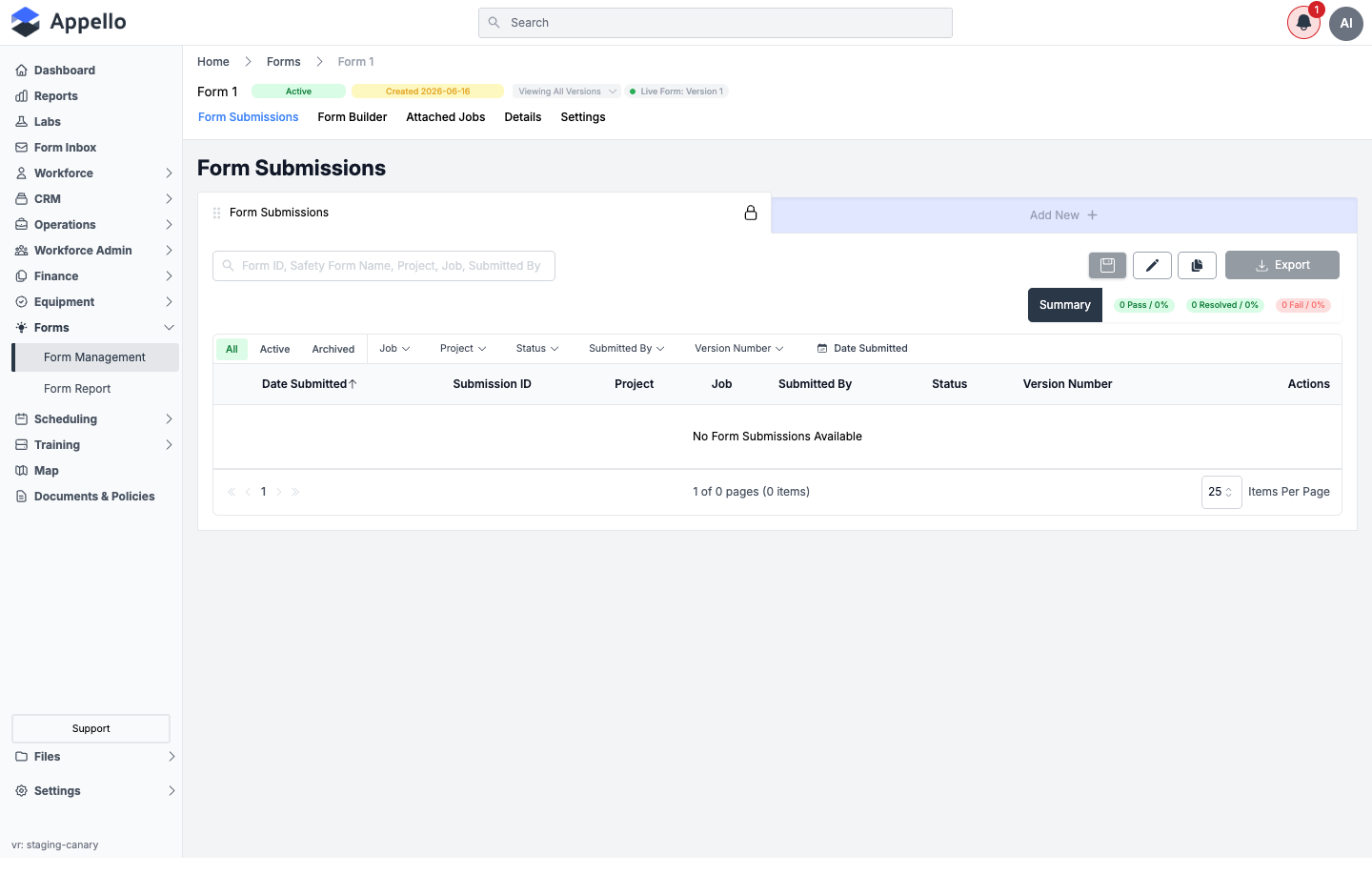 Form 1's header, showing Active/Created badges, the Viewing All Versions selector, and the Live Form: Version 1 badge