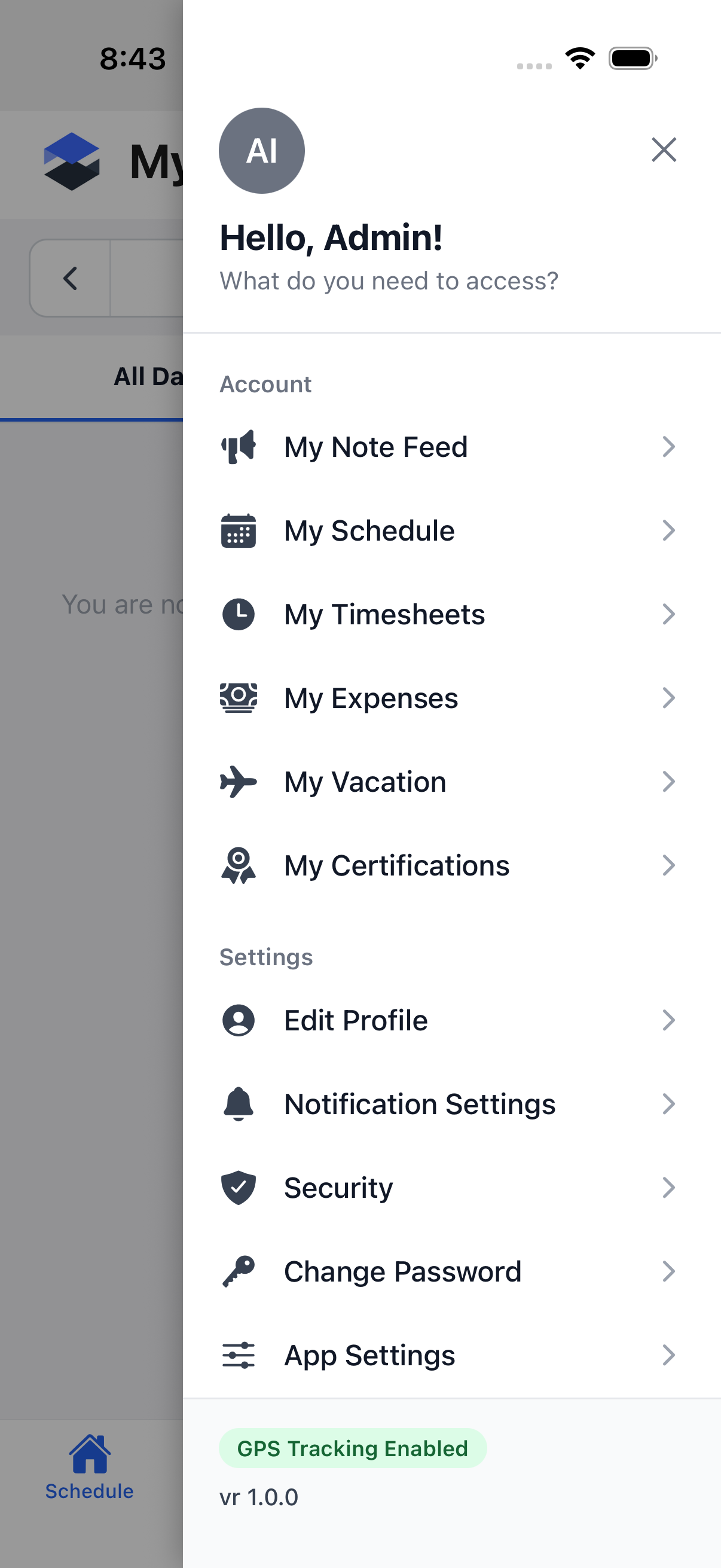 Account menu open, showing the Account and Settings sections, including Change Password