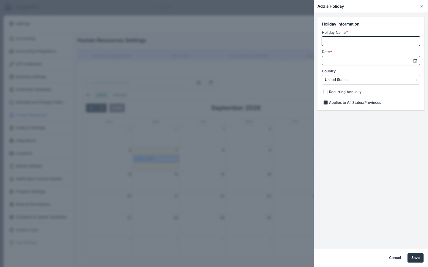 Add a Holiday flyout with Holiday Name, Date, Country, and scope checkboxes