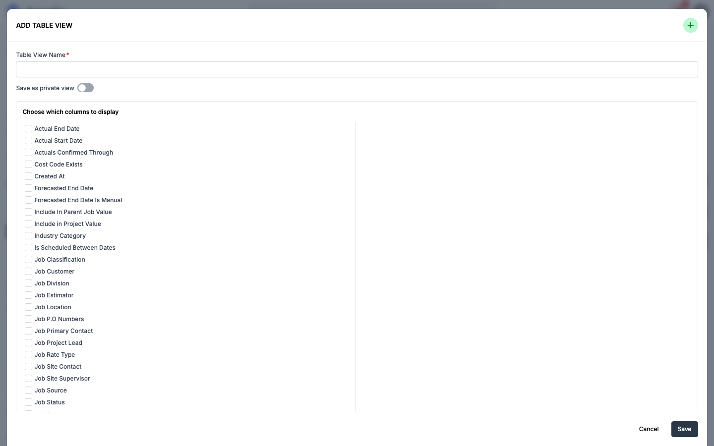 The Add Table View panel opened from the Add New button, with a name field and a column picker