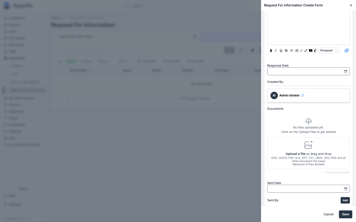 The "Documents" section of the RFI form, with an empty file list and an "Upload a file or drag and drop" area