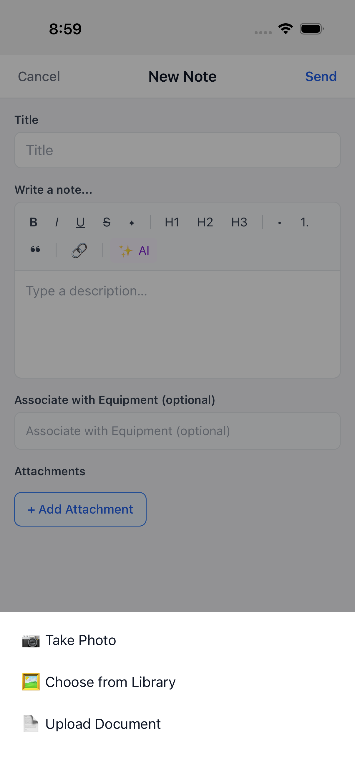 The attach action sheet with three rows: Take Photo, Choose from Library, Upload Document
