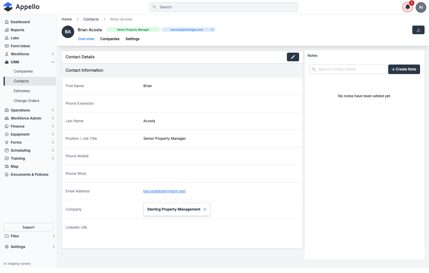 Contact detail Overview tab for a contact, showing Contact Details on the left (First Name, Phone Extension, Last Name, Position / Job Title, Phone Mobile, Phone Work, Email Address, Company, LinkedIn URL) and a Notes panel on the right