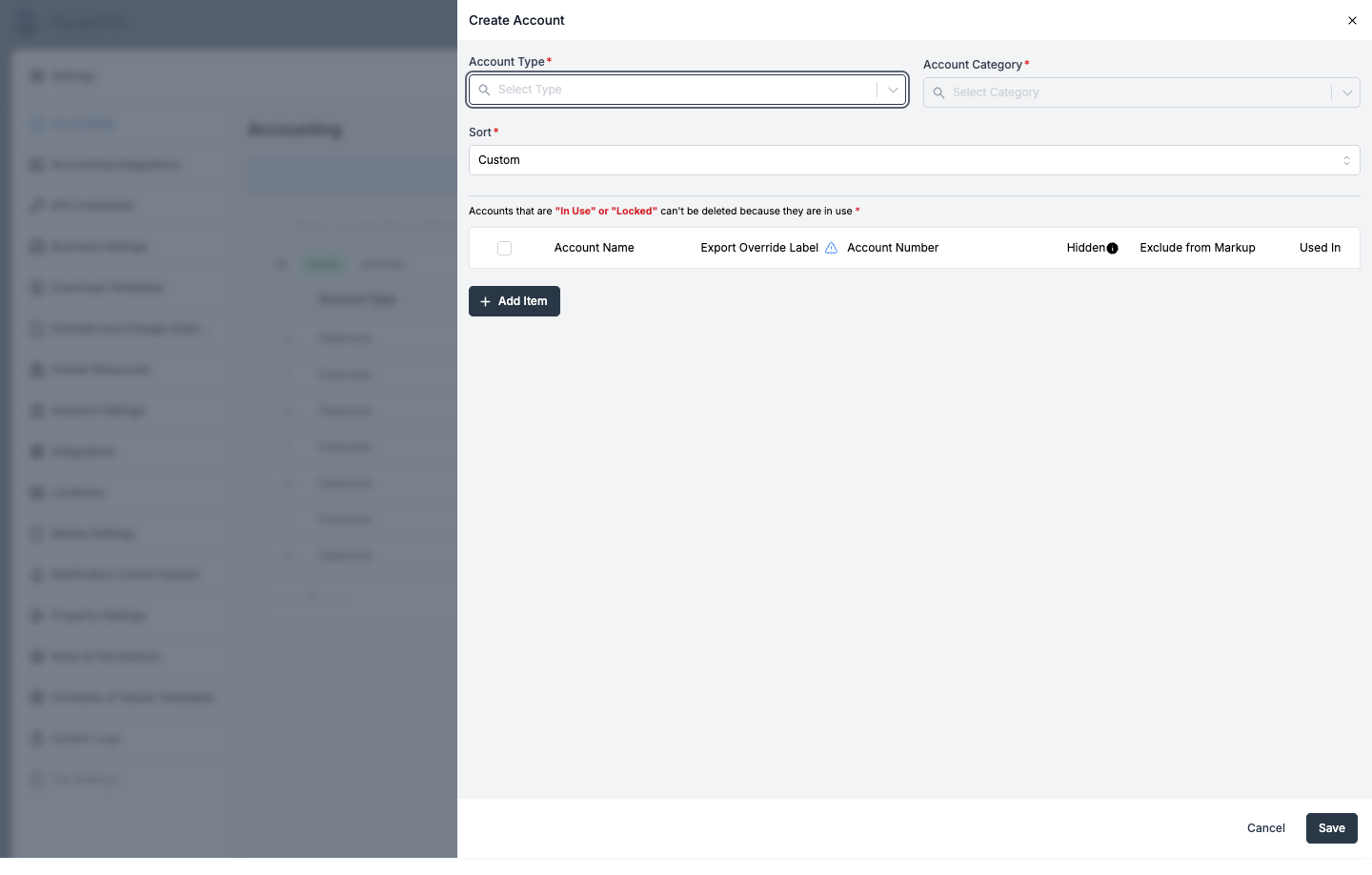 Create Account panel — Account Type and Account Category selectors with an empty account row
