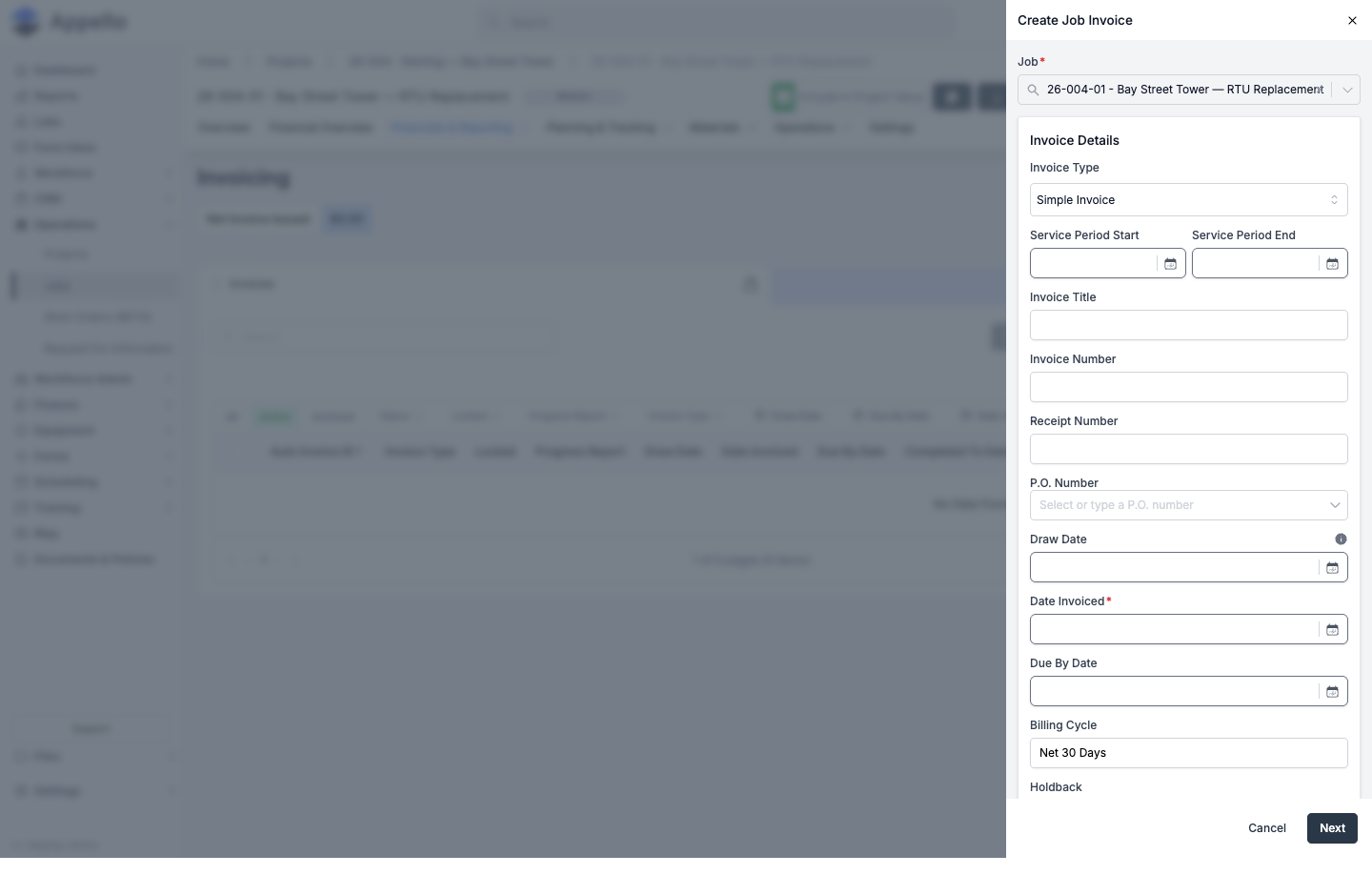 Create Job Invoice panel with the Invoice Type dropdown and Invoice Details fields, including Holdback