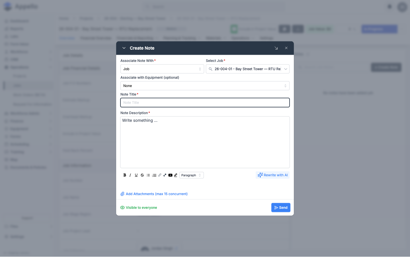 The Create Note panel open, showing the full formatting toolbar below Note Description