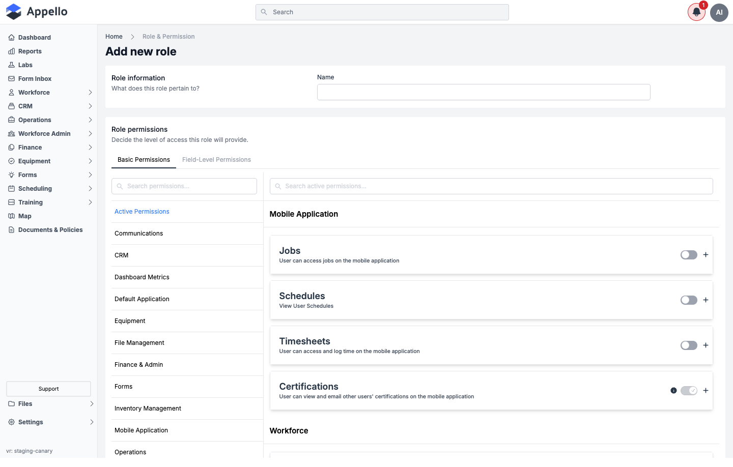 Add new role form showing the Name field and the permission matrix