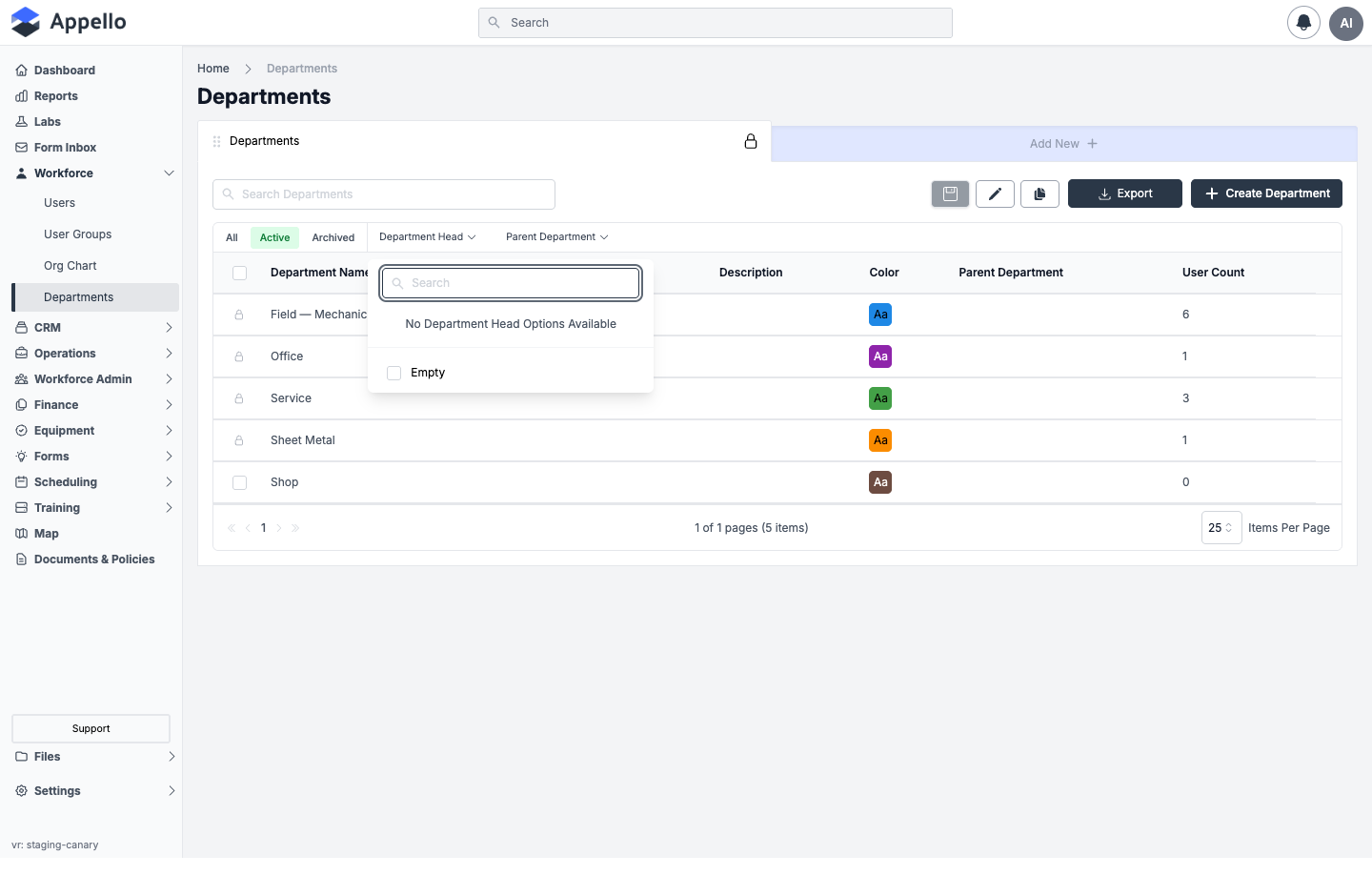 Department Head filter open on the Departments list, showing a search box and the empty-state message "No Department Head Options Available"