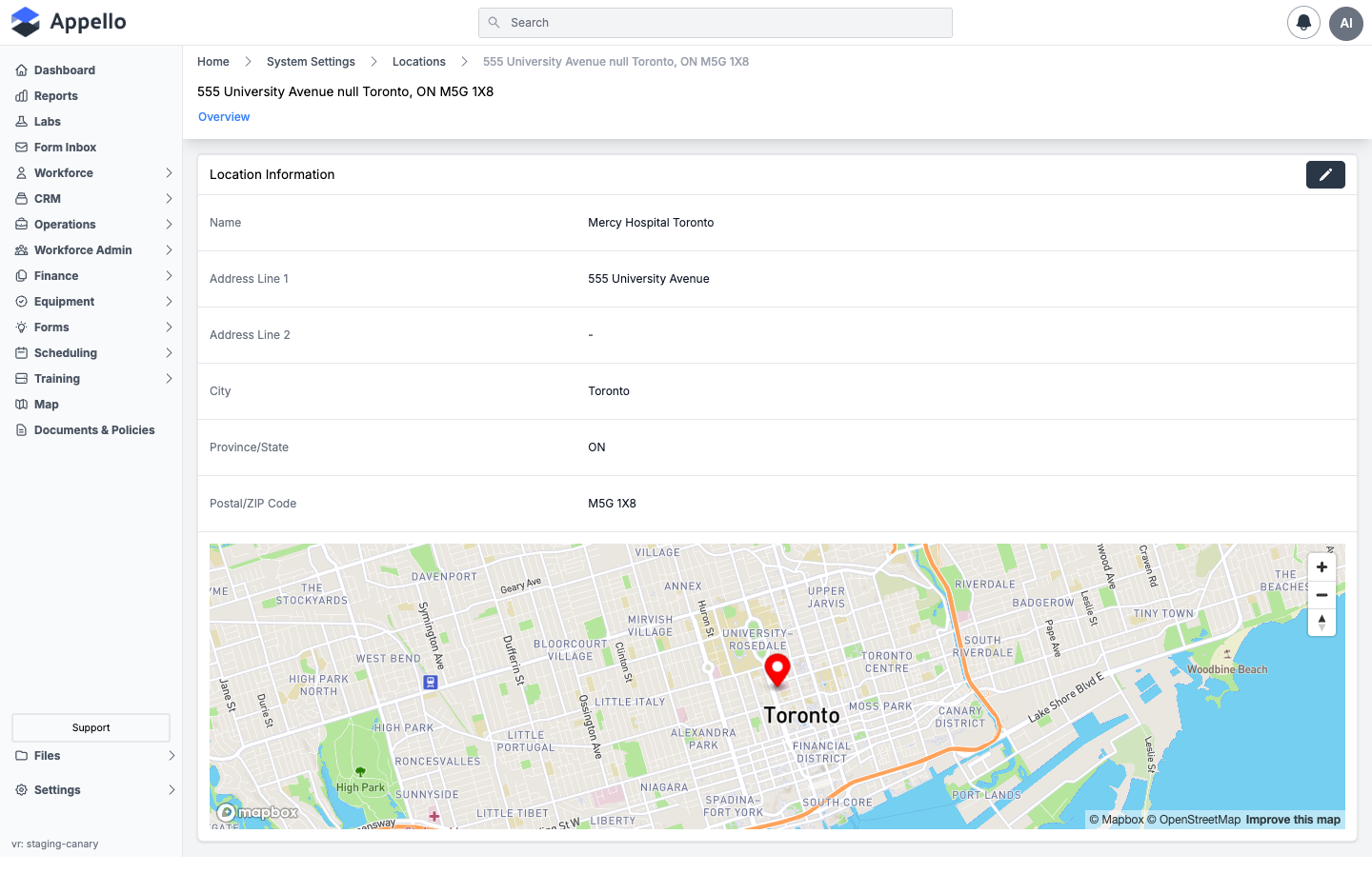 Location detail page Overview tab showing the Location Information card with Name, address fields, and a map