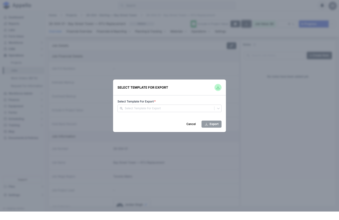 Select Template For Export picker open on a Job's detail page, opened from the Download button, with the template combobox empty and Export disabled until a template is chosen