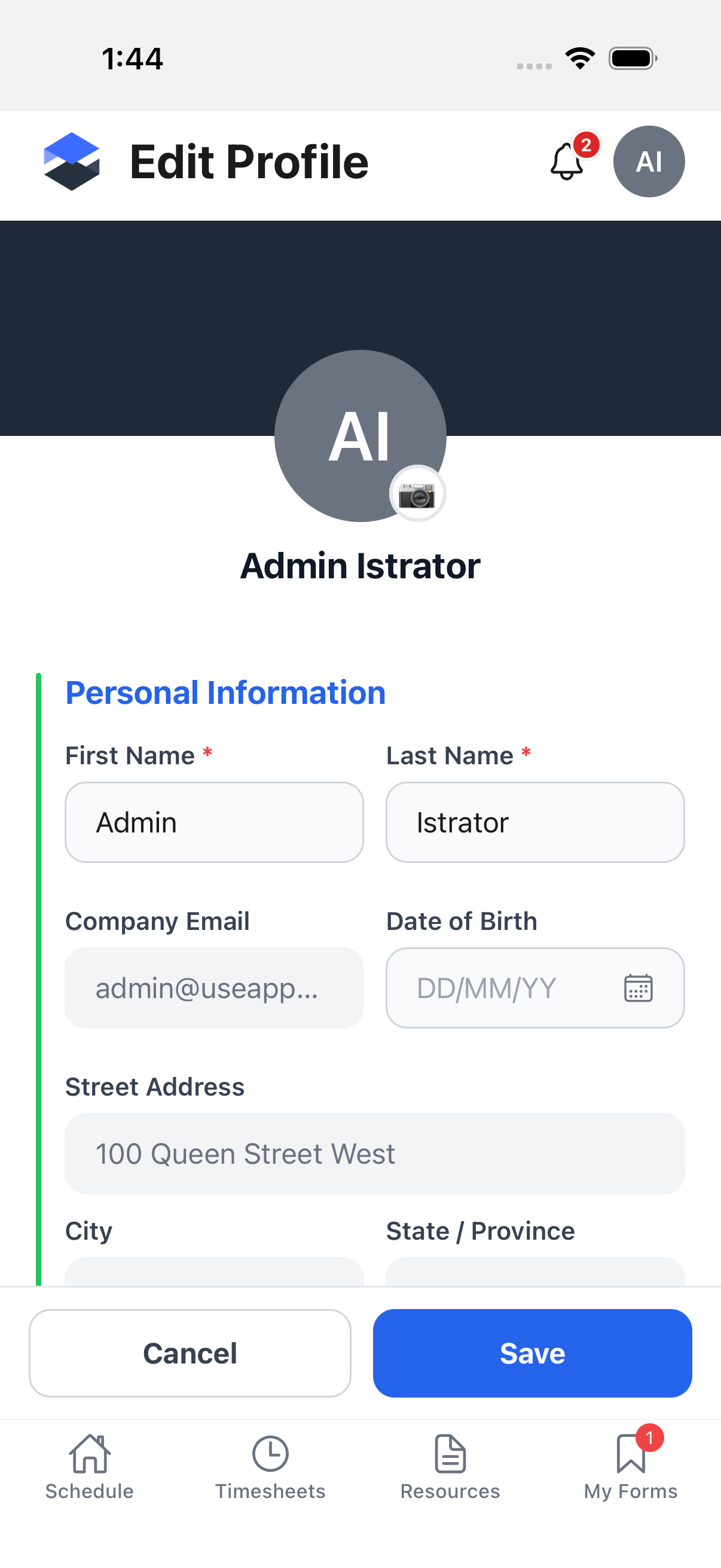 Edit Profile screen showing the avatar with camera icon, First Name, Last Name, Company Email, Date of Birth, and Street Address fields