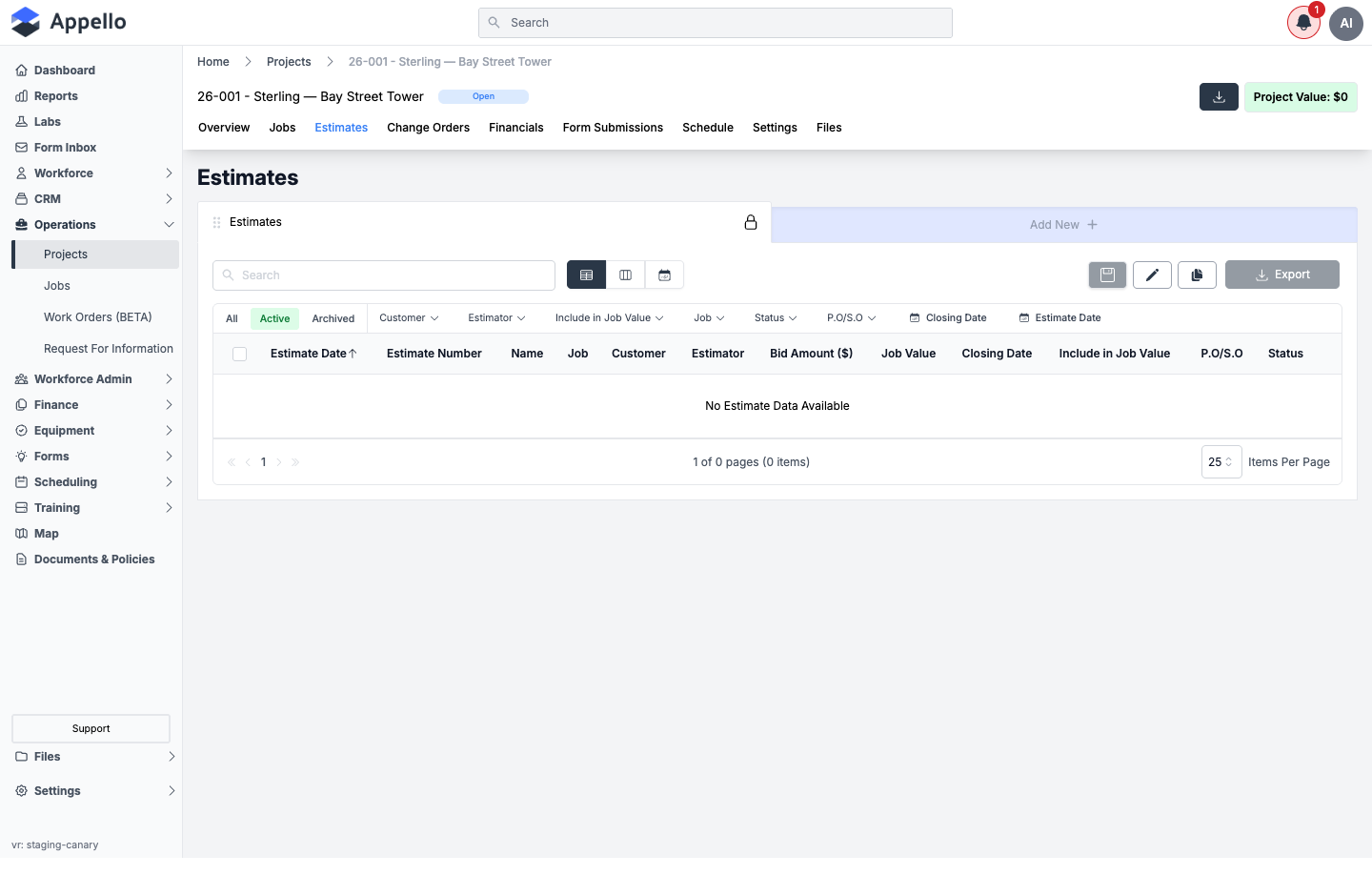 Project Estimates tab, shown empty on the demo instance
