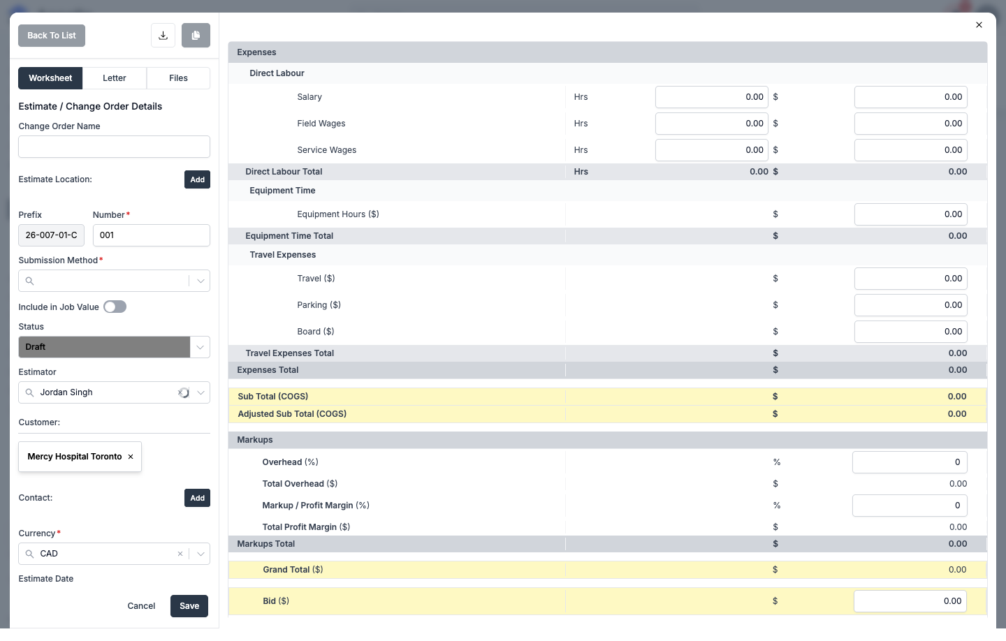The full change order editor, showing the details panel on the left and the cost worksheet on the right
